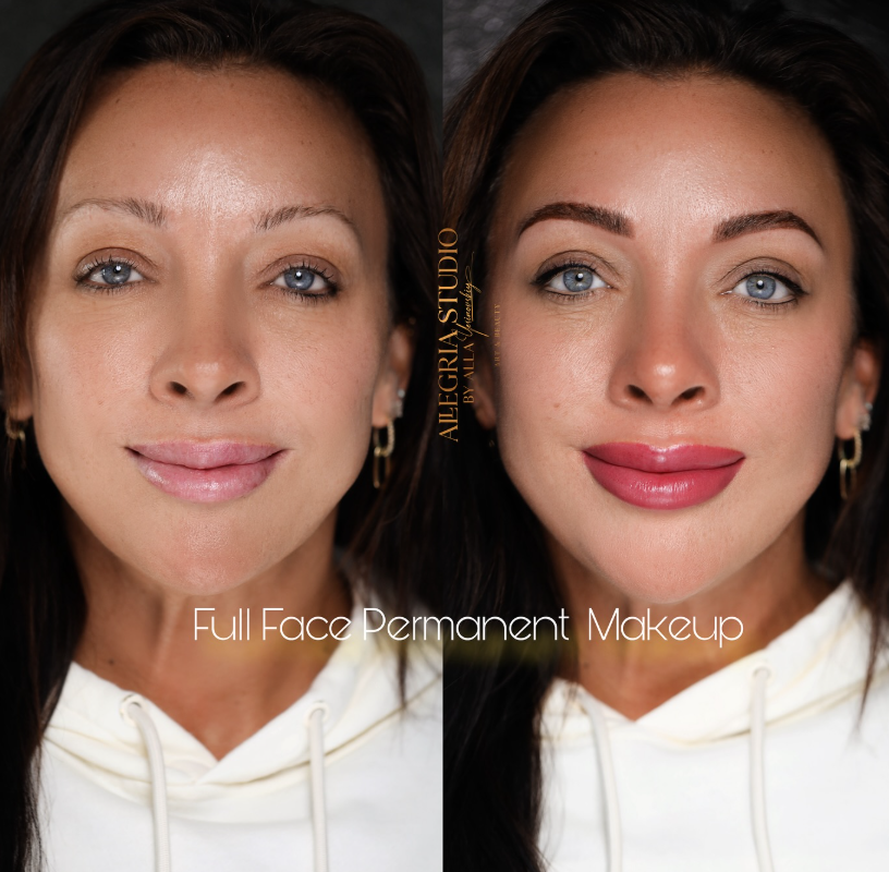 A happy client looking in the mirror after a permanent makeup procedure.